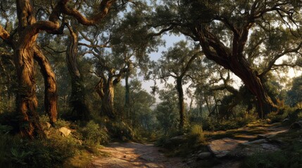 Sunlit Path Through Ancient Forest, Evoking Tranquility and a Sense of Discovery for Nature Tourism Marketing : Generative AI