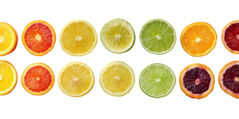 Citrus Medley: A vibrant composition of citrus fruit slices in a row, revealing an explosion of colors and textures, perfect for food enthusiasts.