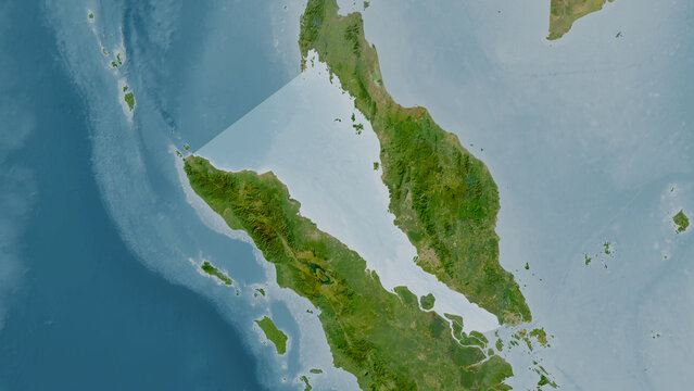 Malacca Strait highlighted. Satellite map