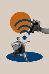 Banner vertical 3d collage poster of happy businesswoman stand wifi waves icon fast 5g network connection web hotspot hand