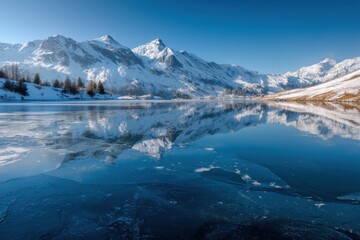 Obraz premium Frozen Lake Reflecting Snow-Capped Mountains Under Clear Blue Sky, Showcasing Winter Scenery and Environmental Preservation Efforts : Generative AI