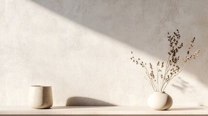 A minimalist still life featuring a vase with dried flowers illuminated by natural light and shadows.