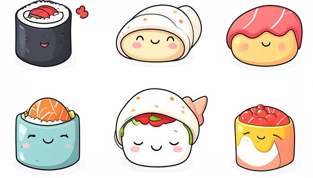 Six adorable cartoon sushi pieces, each with a unique design and cheerful expression, displayed against a white background