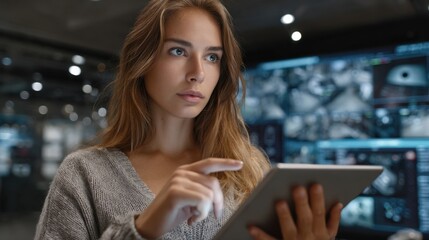 Focused Tech Visionary: A woman engrossed in using a digital tablet, her gaze fixed on a display of information, highlighting the innovative use of technology and communication.