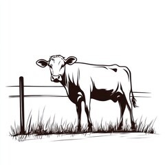 Fototapeta premium Cow grazing pasture fence farm illustration