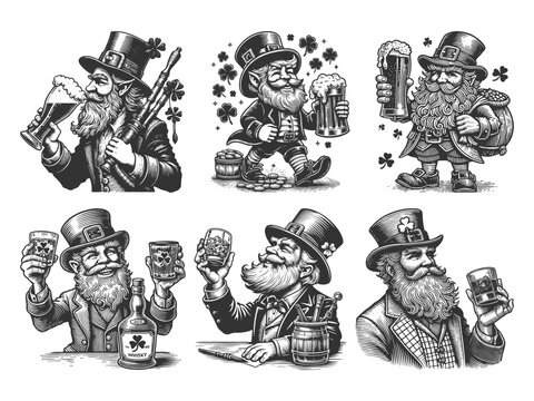 leprechauns with hats and beards, enjoying beer and whiskey in celebration Set collection bundle sketch engraving generative ai vector illustration. Scratch board imitation. Black and white image.