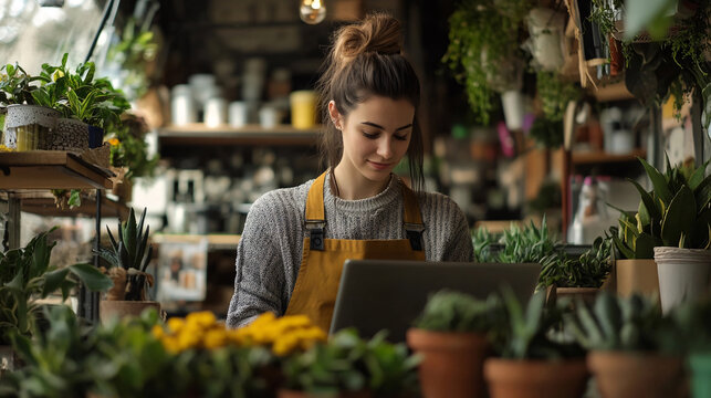 A florist with a bun working on a laptop surrounded by plants and flowers in her flower shop.