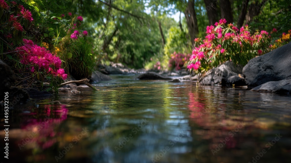 Poster scenic river flowing through forest with pink rhododendrons, representing tranquility and environmen