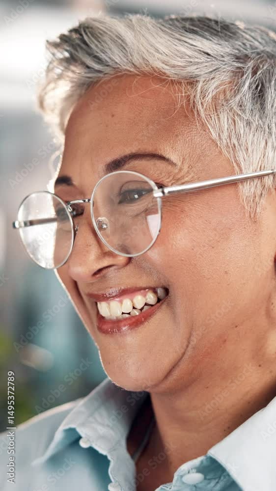 Leinwandbilder Happy, mature woman and tablet with glasses, laughing and programmer with system for development. Office, software developer and person with eyewear for project, confident and smile for programming