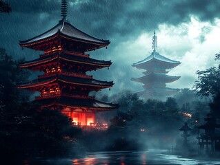 Mystical asian pagodas in a rainy weather, evoking a sense of serenity and mystery