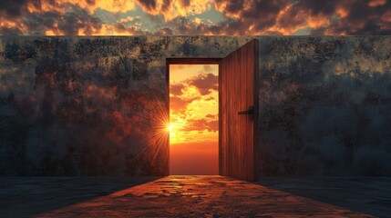 Door Opening. Big Wooden Door Against Sunset Sky in Digital Composition