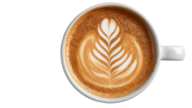 Latte Art: A close-up of a beautifully crafted latte, adorned with intricate leaf-shaped art, representing the perfect fusion of artistry and caffeinated delight. 