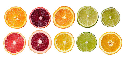 Obraz premium Vibrant Citrus Symphony: A close-up shot of various citrus fruits sliced open. Showcasing the vibrant colors and textures of nature's bounty, offering a fresh, zesty visual delight.
