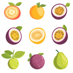 My Simple flat 2D icon passion fruits set isolated on a white background, vector, vector, flat design, animation design, simple flat 2D icon, minimalist design, vector design