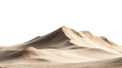 Dune of Sand: An isolated sand dune rises majestically against a clear sky, its smooth slopes sculpted by the relentless wind.  The texture of the sand appears almost like a soft, undulating carpet.