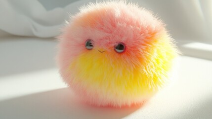 Fluffy pink-yellow pompom toy sits on white surface, sunlight