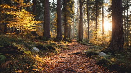 Fototapeta premium Autumn hiking adventure enchanted forest nature photography serene environment low angle tranquility and beauty