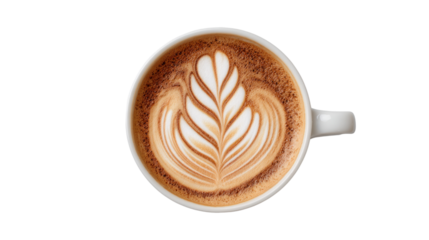 Latte Art: A close-up, high-angle perspective captures the artistic design of latte art within a pristine white ceramic mug.