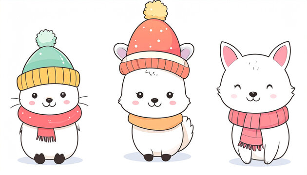 Three adorable cartoon animals?a seal, deer, and cat?wearing winter hats and scarves, against a white background.  They have simplified features and cheerful expressions - Powered by Adobe