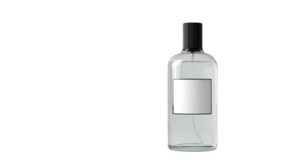 Clear Glass Spray Bottle with Blank Label:  A sleek, clear glass spray bottle with a black cap and a blank white label stands isolated against a plain background.