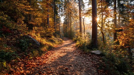 Obraz premium Autumn hiking adventure enchanted forest scenic trail nature exploration peaceful landscape sunlit pathway