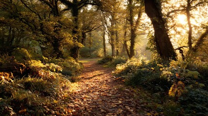 Fototapeta premium Peaceful autumn walk through sunlit forest path nature landscape tranquil environment natural scenery