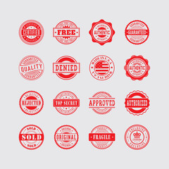 Set of Various Red Stamps with Texts Featuring Quality and Marks