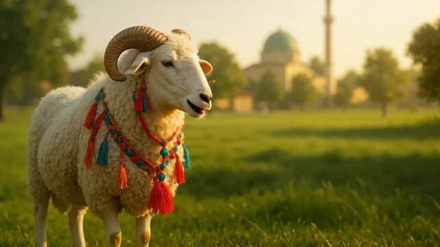 Horned Sacrificial Ram at Sunrise for Eid al-Adha, Decorated Sheep in Field with Mosque Background, Kurban Bayram Video.