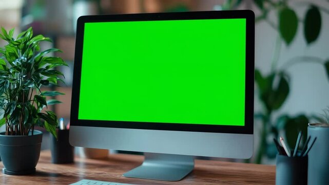 Computer Mockup with Green Screen on Wooden Desk Surrounded by Indoor Plants
