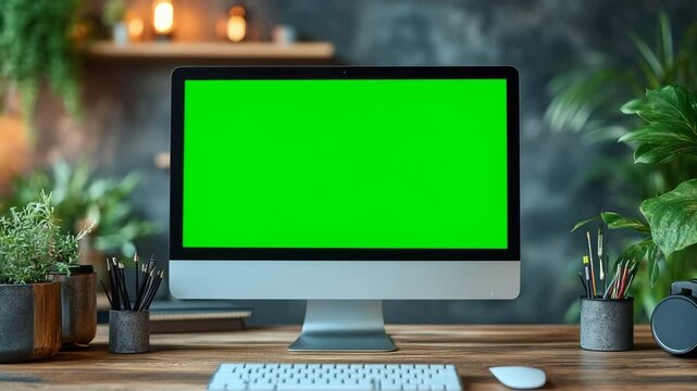 Computer Mockup with Green Screen on Wooden Desk Surrounded by Indoor Plants