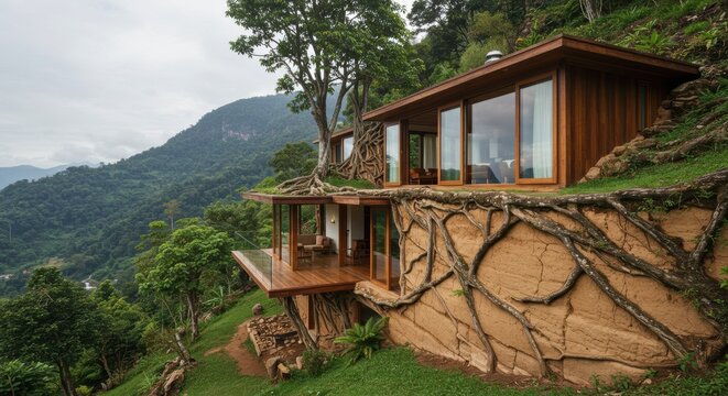 Stunning modern house integrated with nature on a hillside in a tropical forest with abundant greenery