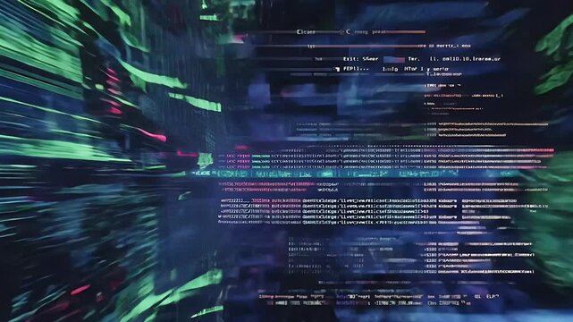 Terminal infected with fast-scrolling chaotic code, critical errors, and distorted digital glitch fields