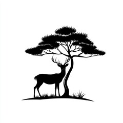 Silhouette deer under tree, nature scene, wildlife art, home decor