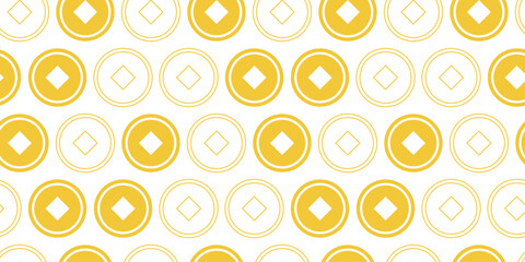 Chinese lucky coin seamless pattern. Linear and silhouette signs drawing. Cash. Coin with square hole. Background, wallpaper with icons and symbols. Vector.