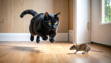 Epic Cat Leap Black Cat in Mid-Air Pouncing on Tiny Mouse