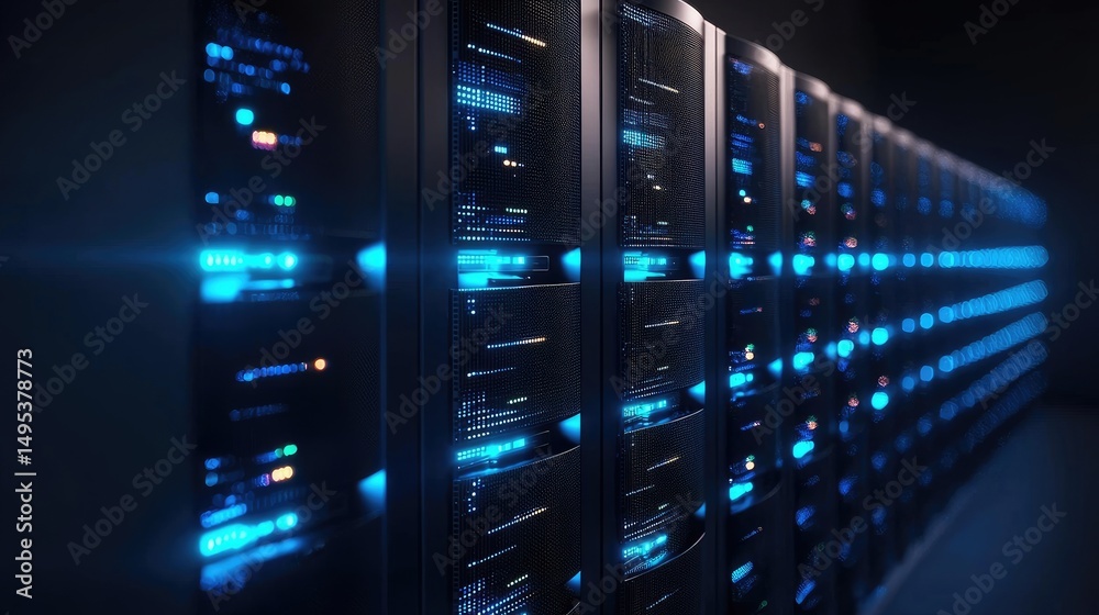 Fototapete Wide angle shot of illuminated data servers in a dark tech room, perfect for visuals on internet technology, server maintenance, and data infrastructure solutions