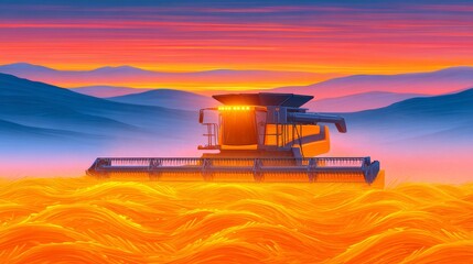 Fototapeta premium A massive wheat farm in the United States features modern combine harvesters operating in unison beneath a vibrant golden sunset, highlighting large-scale commercial farming for international food