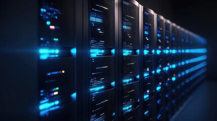 Naklejka premium Wide angle shot of illuminated data servers in a dark tech room, perfect for visuals on internet technology, server maintenance, and data infrastructure solutions