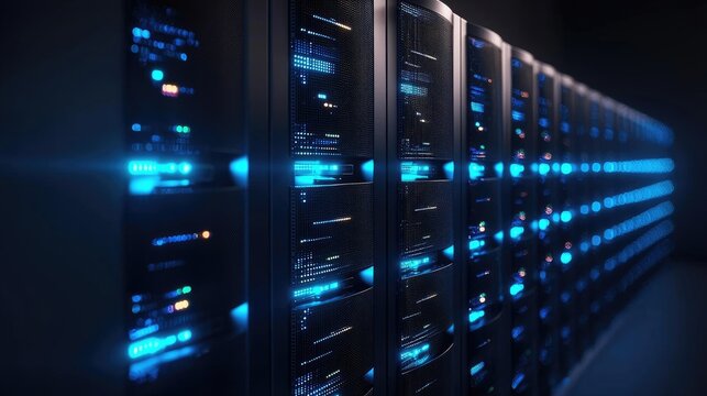 Wide angle shot of illuminated data servers in a dark tech room, perfect for visuals on internet technology, server maintenance, and data infrastructure solutions