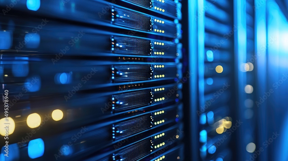 Poster Sharp focus on data server units with blue LED indicators in a tech environment, ideal for digital infrastructure, cloud computing, and IT system backdrops