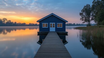 Fototapeta premium Lakeside cabin at sunrise