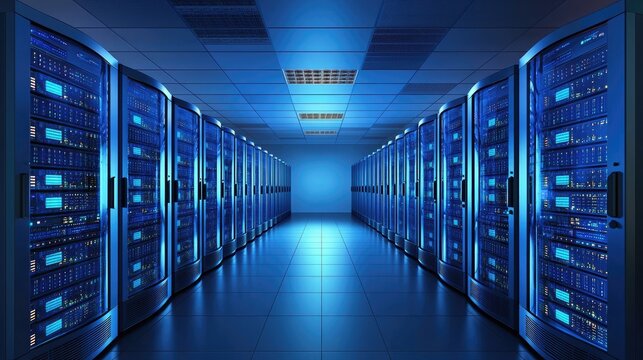Symmetrical data center hallway filled with blue-lit servers, perfect for technology blogs, IT visuals, network infrastructure content, and cloud system banners