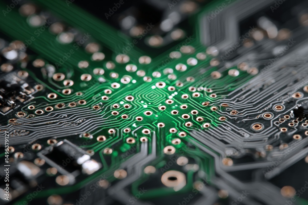 Fototapete detailed close-up view of a printed circuit board showcasing intricate designs and connections in el