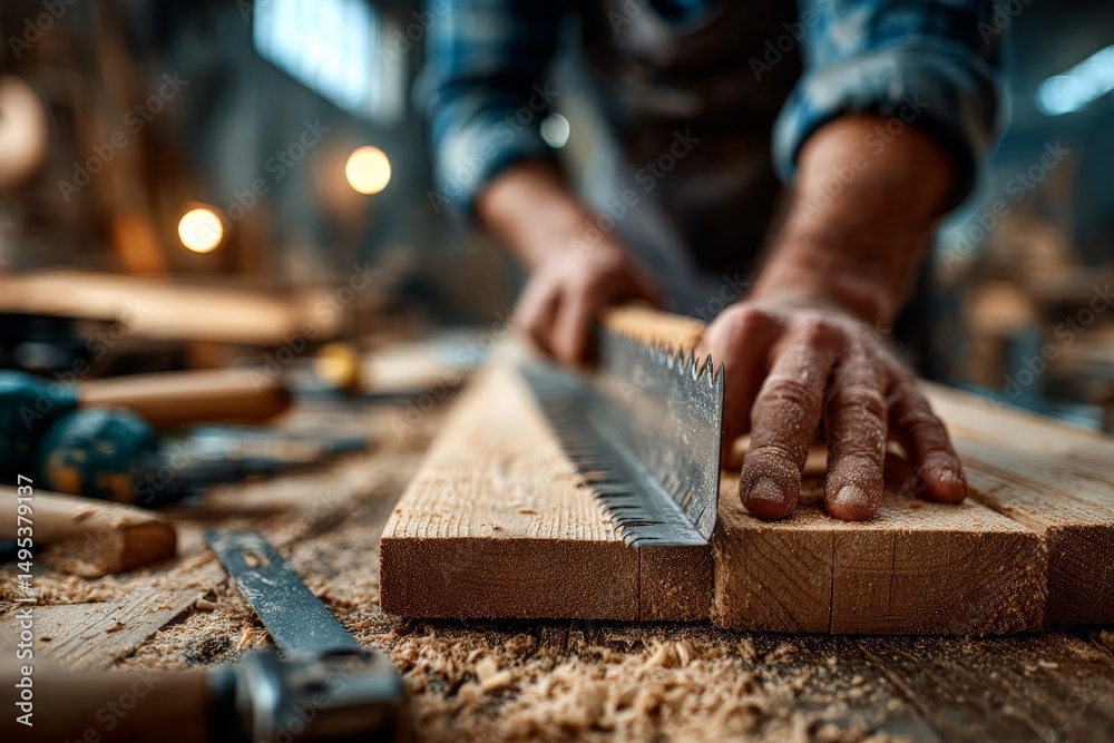 Aufkleber craftsman uses saw to shape wood in a workshop, concentrating on precise cuts while surrounded by to