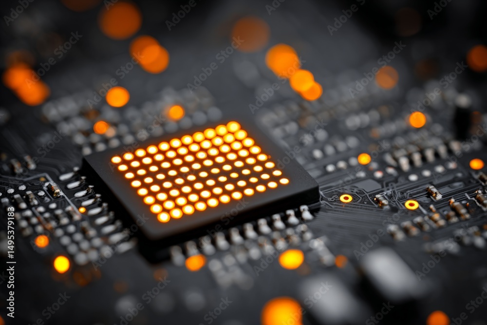 Aufkleber Close-up view of a computer processor on a circuit board with glowing orange lights during electronic activity