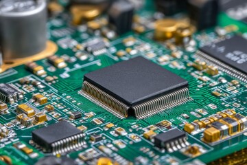 Close-up view of a complex circuit board showcasing intricate components and microchips in a technological setting