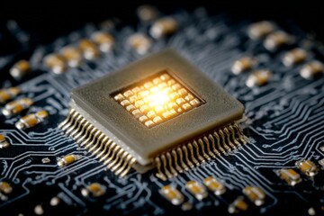 Detailed close-up of a semiconductor chip illuminated on a circuit board showcasing advanced technology