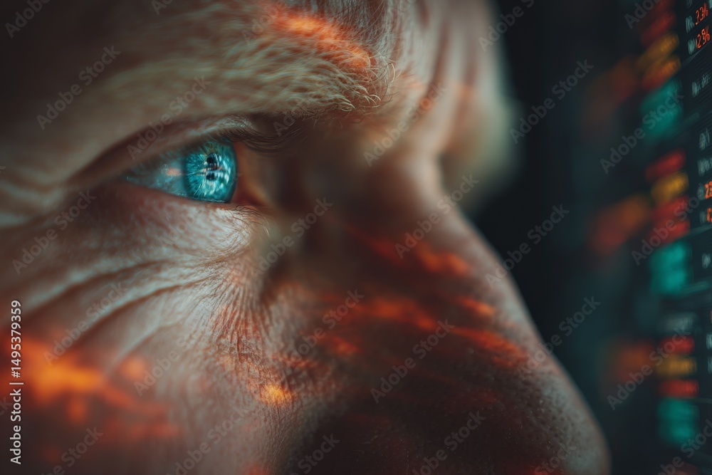 Poster Focused individual analyzes digital data on a computer screen with reflections in their eye during late-night hours
