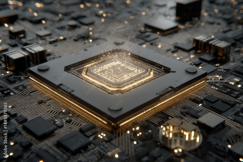 Poster exploring the intricate design of a quantum processor on a circuit board during a futuristic technol
