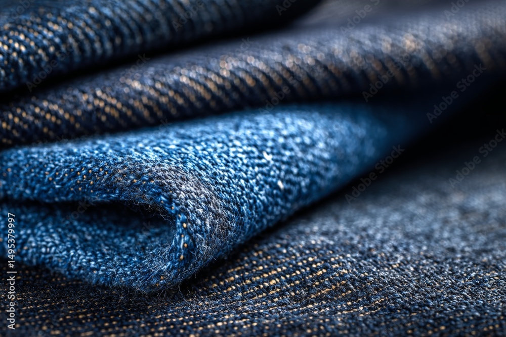 Poster Close-up of folded blue fabric showcasing texture and color variations in a textile studio setting